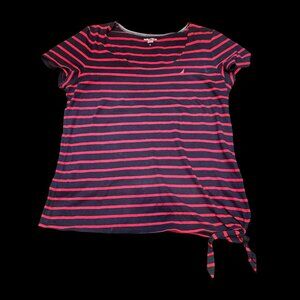Nautica Black & Red Striped Tie Hem Tee – Size Large – Short Sleeve